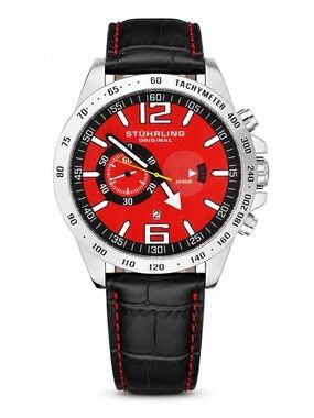 Stuhrling Original Red Dial Watch with Black Croc Leather Strap